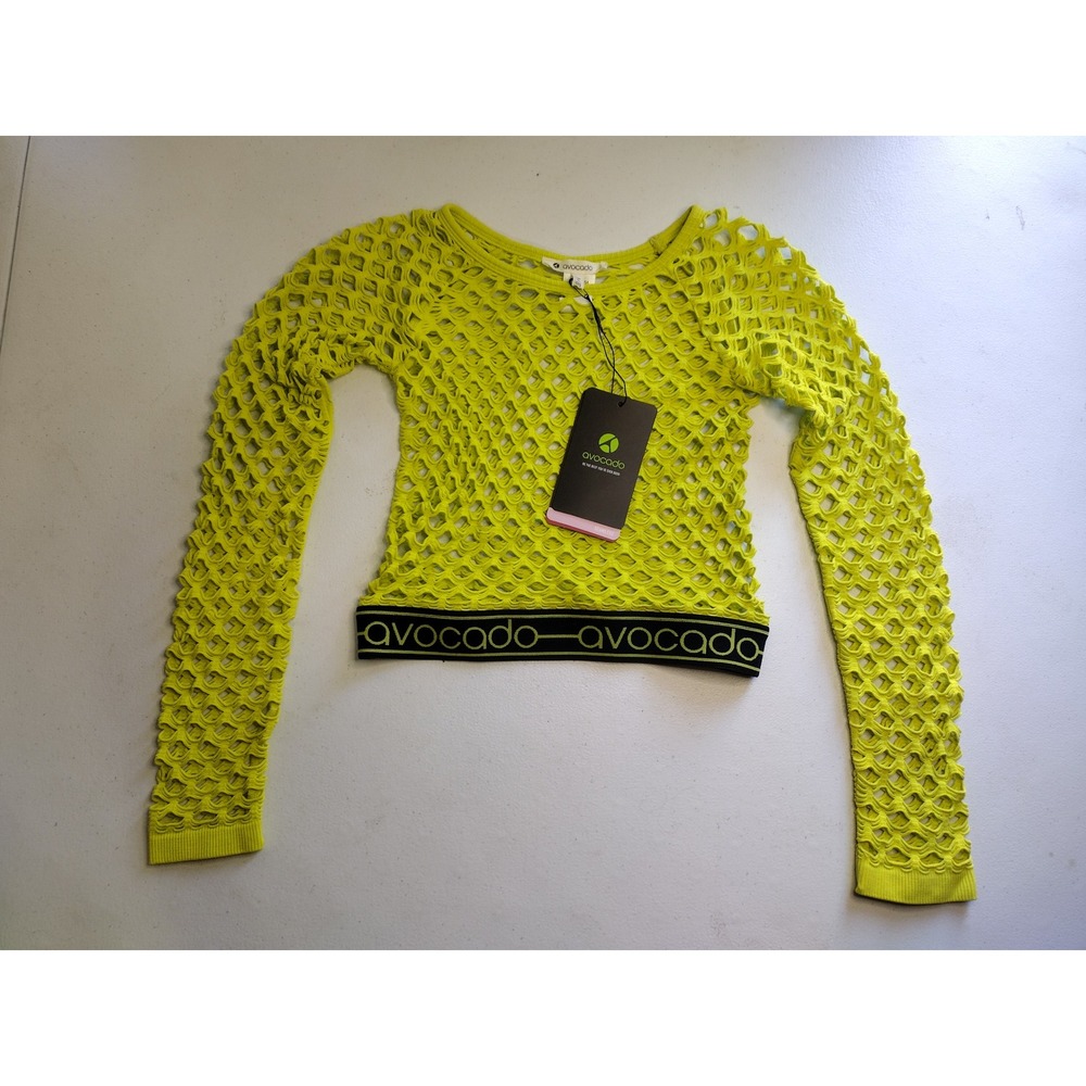 Avocado Seamless Fishnet Cropped Long Sleeve Elastic Top One Size Neon Yellow